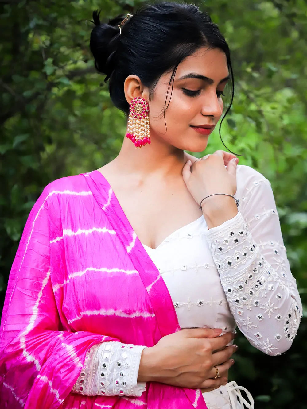 White Color Georgette Lucknowi Work Latest Lehenga Choli With Bandhej Dupatta
