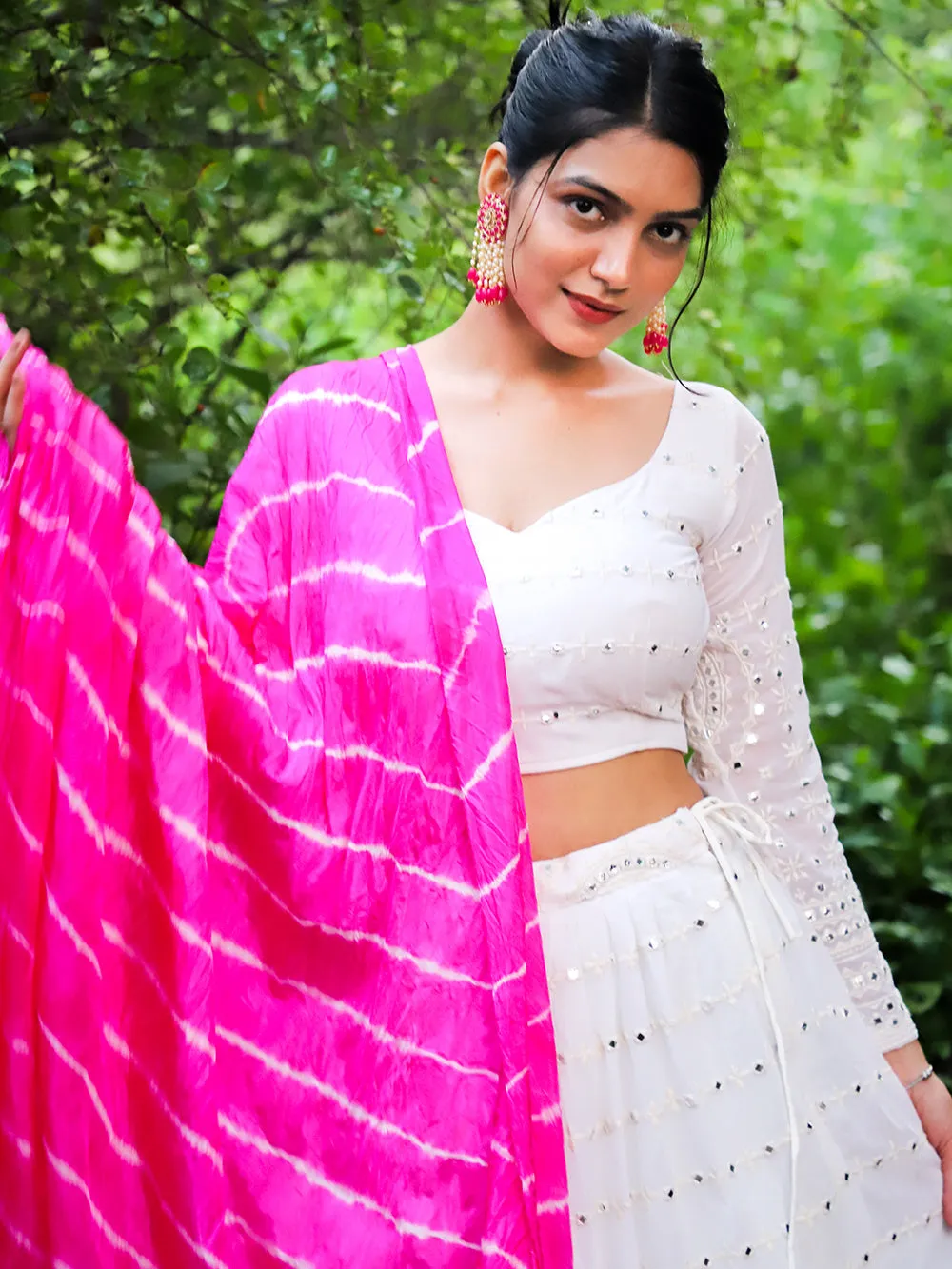 White Color Georgette Lucknowi Work Latest Lehenga Choli With Bandhej Dupatta