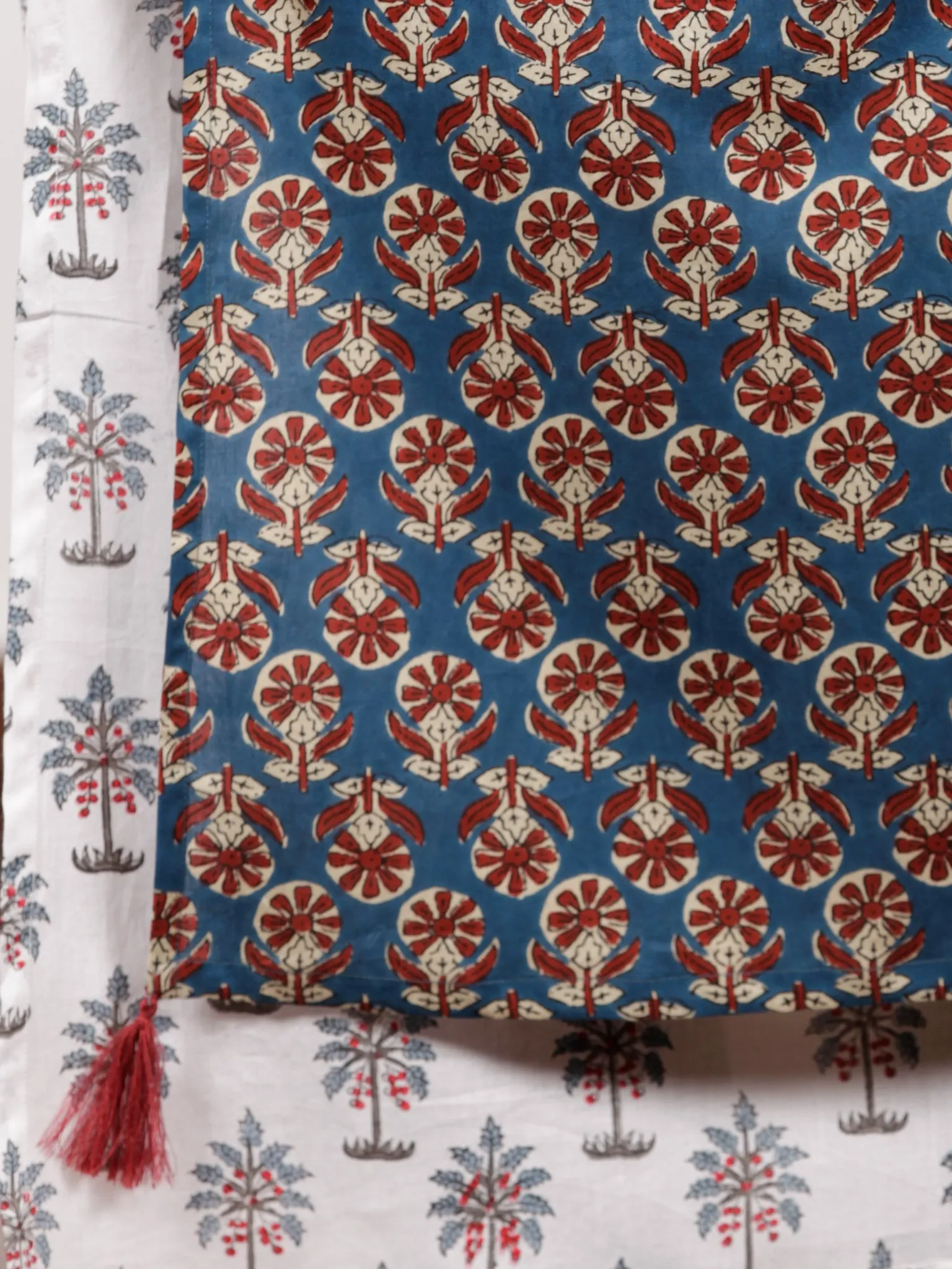 White Indigo Maroon Beige Hand Block Printed Kurta With Cape - K94F1485