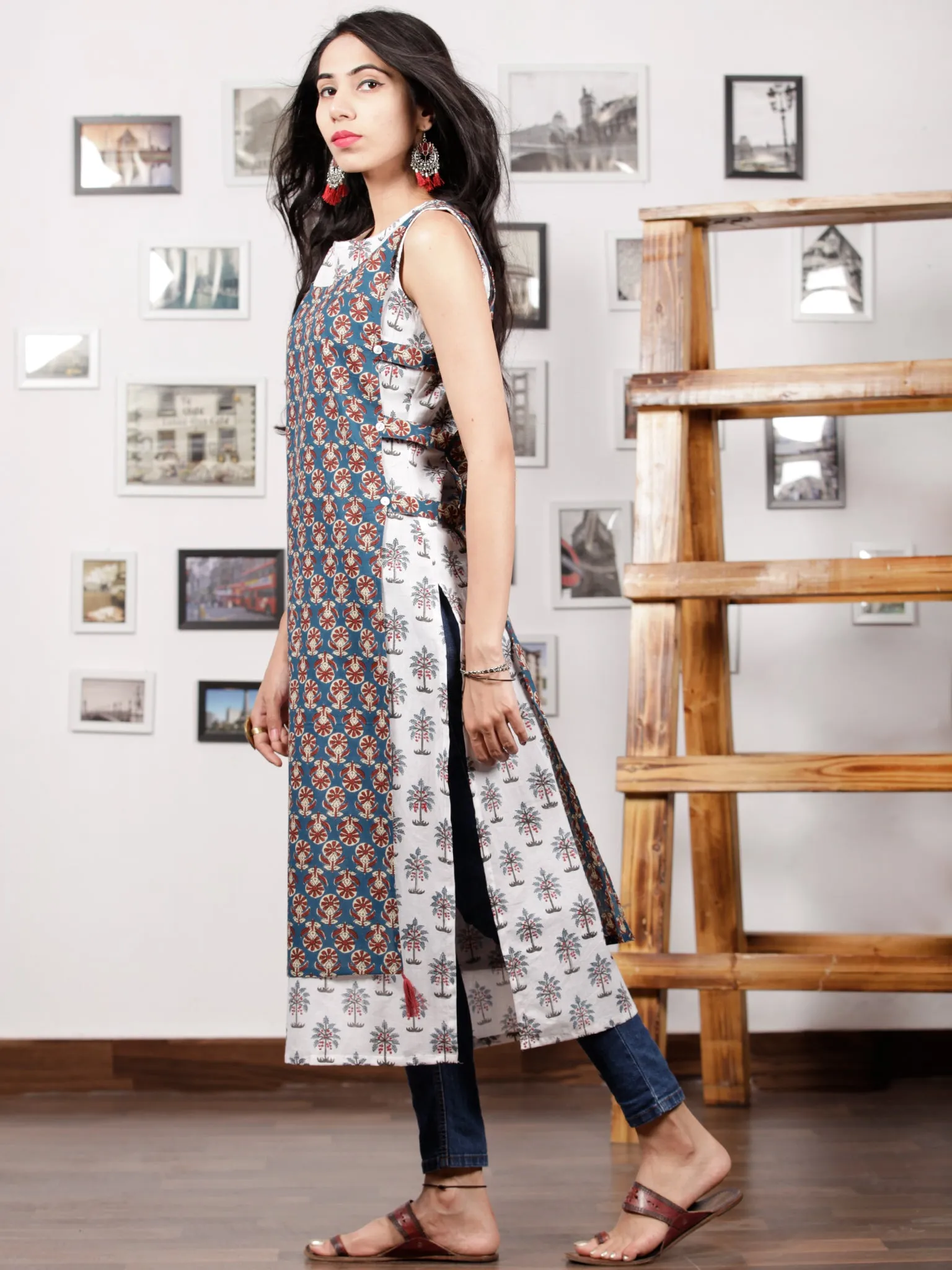 White Indigo Maroon Beige Hand Block Printed Kurta With Cape - K94F1485