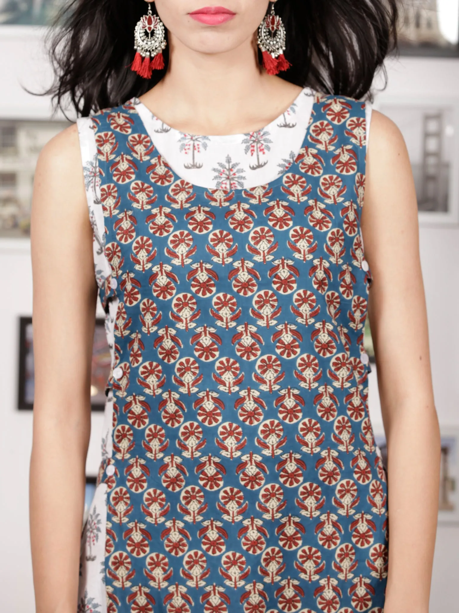 White Indigo Maroon Beige Hand Block Printed Kurta With Cape - K94F1485