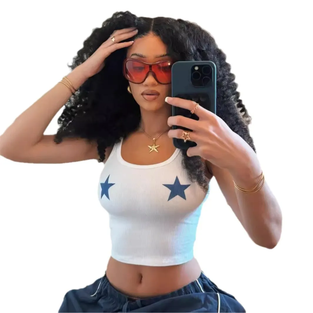 Wjczt grunge outfits 2024 Summer Fashion Sexy Slim Fit Hot Girl T-shirt Navel Vest Star Print