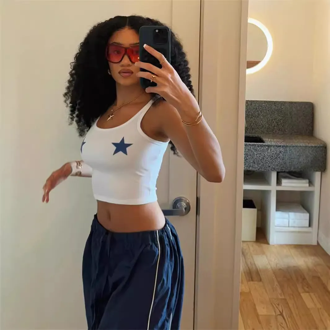 Wjczt grunge outfits 2024 Summer Fashion Sexy Slim Fit Hot Girl T-shirt Navel Vest Star Print