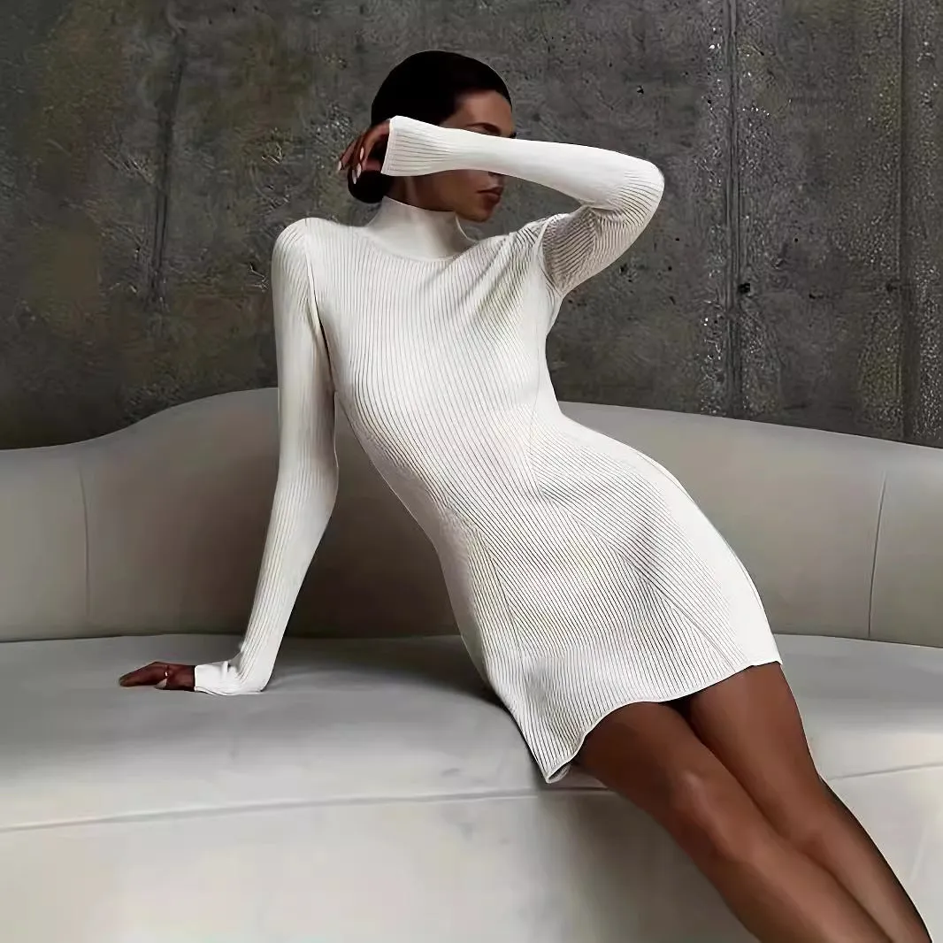 Wjczt grunge outfits New Autumn and Winter Slimming Long-Sleeved Knitted Dress Women's Solid Color Tight Sexy Hip Skirt