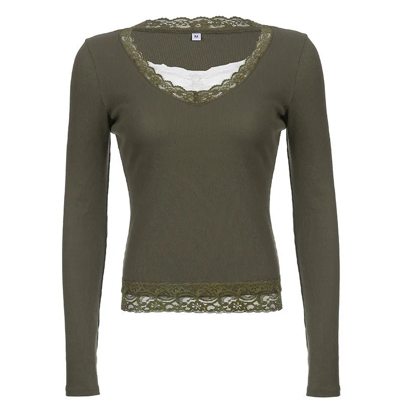 Wjczt grunge outfits Women's Spring New Gray Green V-neck Tight Waist Lace Knitted Top EBay