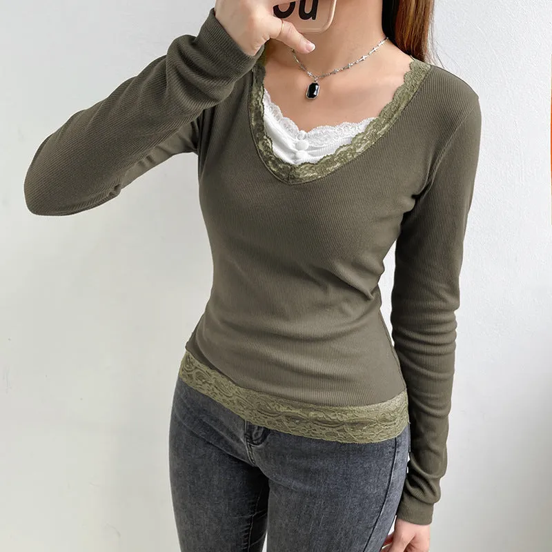 Wjczt grunge outfits Women's Spring New Gray Green V-neck Tight Waist Lace Knitted Top EBay