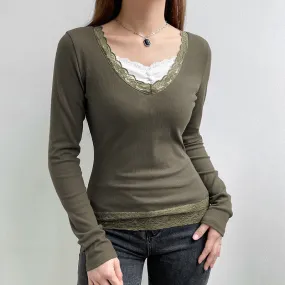 Wjczt grunge outfits Women's Spring New Gray Green V-neck Tight Waist Lace Knitted Top EBay