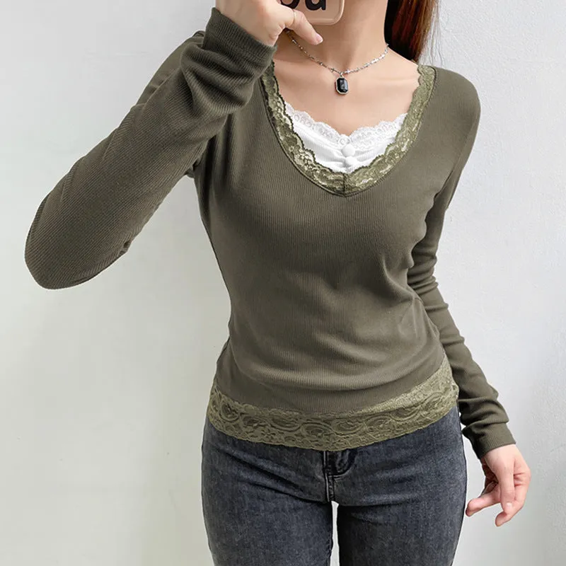 Wjczt grunge outfits Women's Spring New Gray Green V-neck Tight Waist Lace Knitted Top EBay