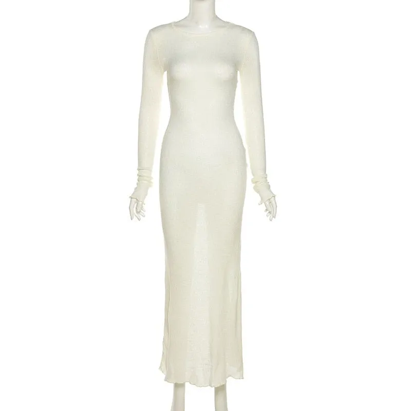 Wjczt New Knitted Bodycon Dress Fairy Grunge Casual Fashion Streetwear Women Autumn Y2K Solid O-neck Long Sleeve Maxi Dresses