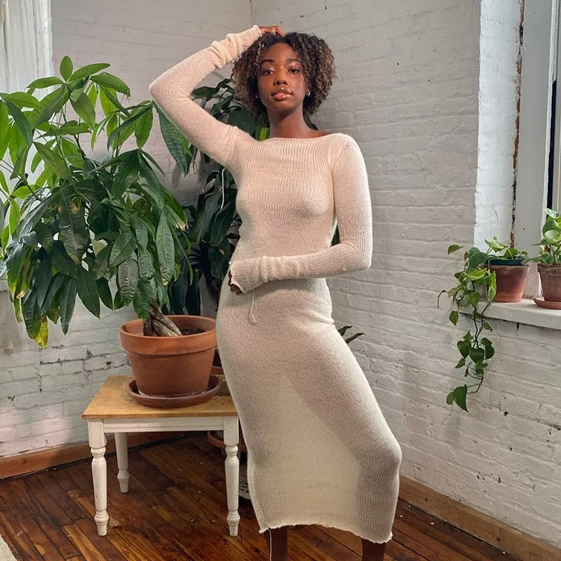 Wjczt New Knitted Bodycon Dress Fairy Grunge Casual Fashion Streetwear Women Autumn Y2K Solid O-neck Long Sleeve Maxi Dresses