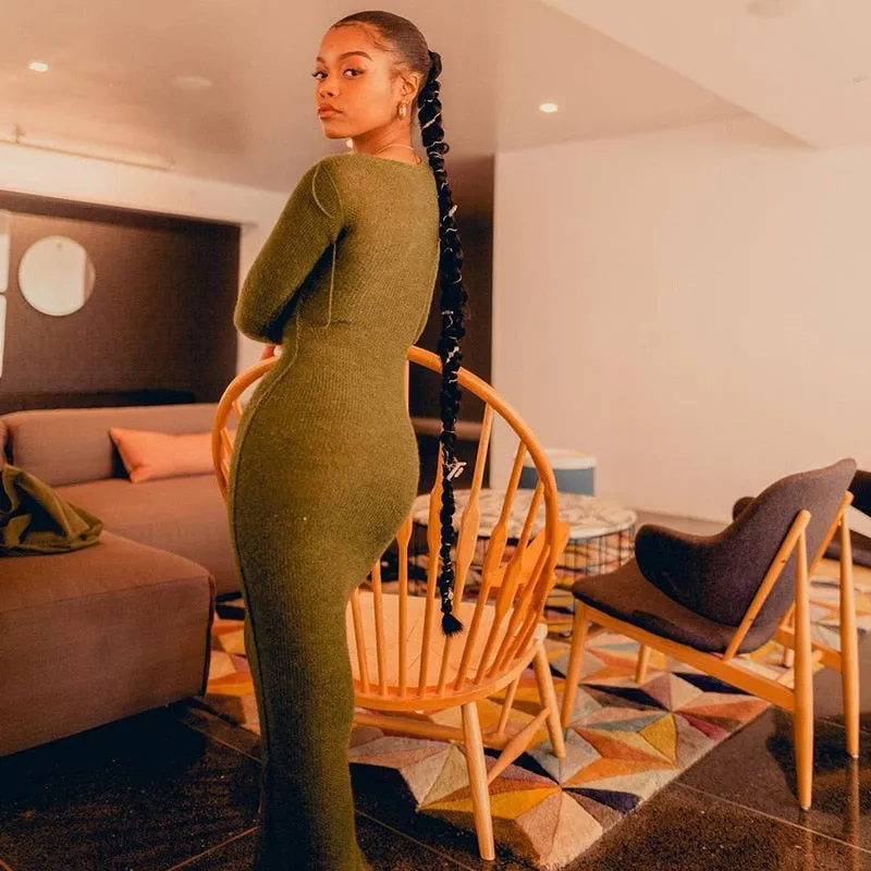 Wjczt New Knitted Bodycon Dress Fairy Grunge Casual Fashion Streetwear Women Autumn Y2K Solid O-neck Long Sleeve Maxi Dresses