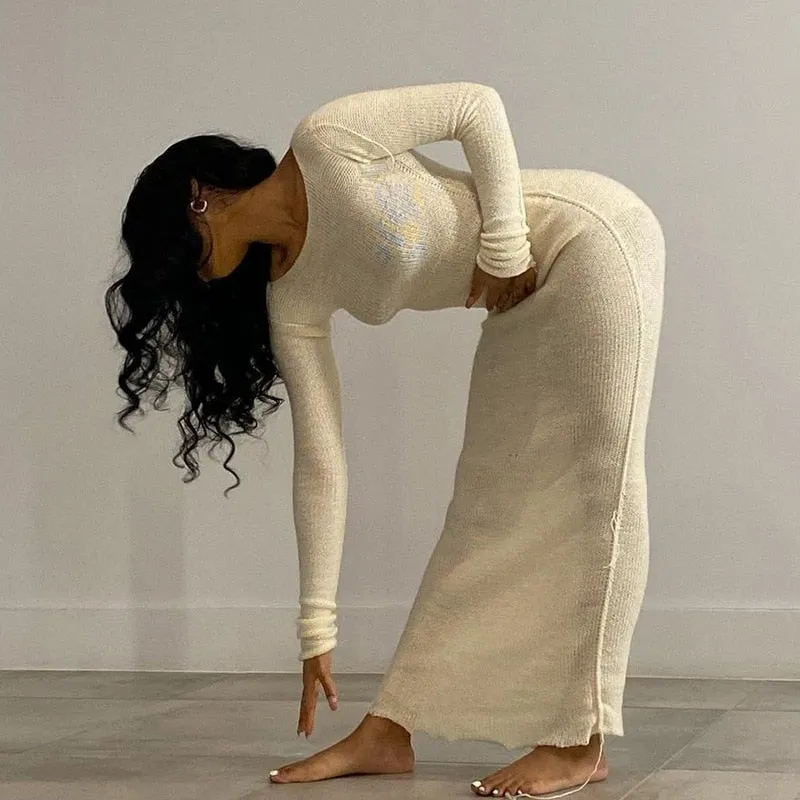 Wjczt New Knitted Bodycon Dress Fairy Grunge Casual Fashion Streetwear Women Autumn Y2K Solid O-neck Long Sleeve Maxi Dresses