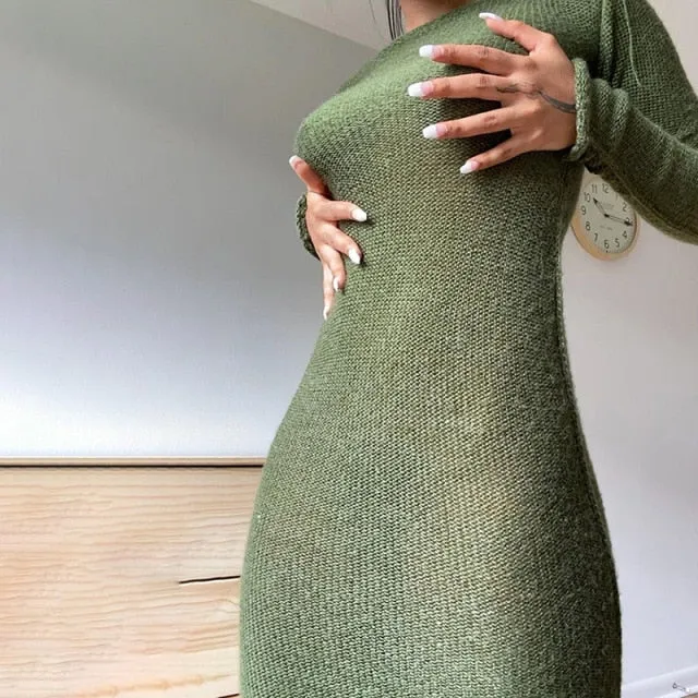 Wjczt New Knitted Bodycon Dress Fairy Grunge Casual Fashion Streetwear Women Autumn Y2K Solid O-neck Long Sleeve Maxi Dresses