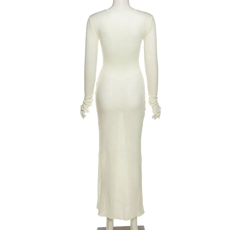 Wjczt New Knitted Bodycon Dress Fairy Grunge Casual Fashion Streetwear Women Autumn Y2K Solid O-neck Long Sleeve Maxi Dresses