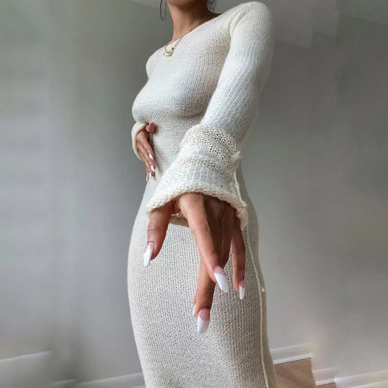 Wjczt New Knitted Bodycon Dress Fairy Grunge Casual Fashion Streetwear Women Autumn Y2K Solid O-neck Long Sleeve Maxi Dresses
