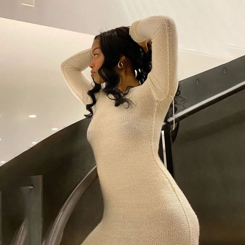 Wjczt New Knitted Bodycon Dress Fairy Grunge Casual Fashion Streetwear Women Autumn Y2K Solid O-neck Long Sleeve Maxi Dresses