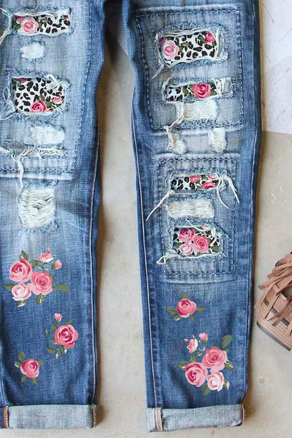 Womens Boyfriend Jeans Floral Leopard Slim Fit Distressed Pants
