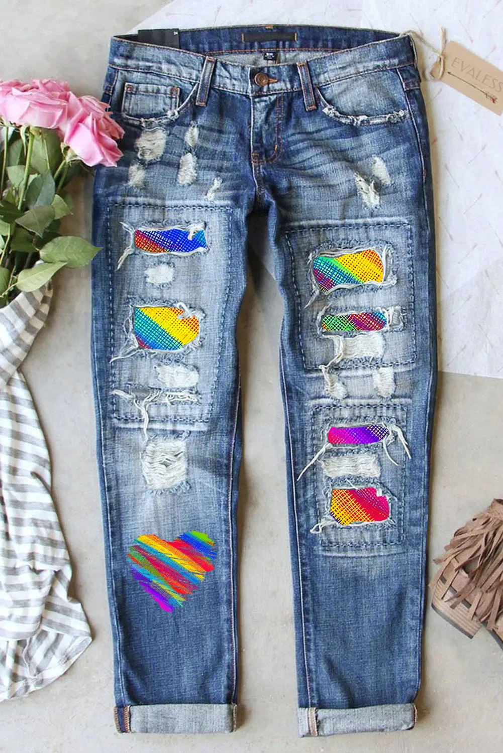 Women's Rainbow Patch Jeans Ripped Boyfriend Distressed Denim Pants