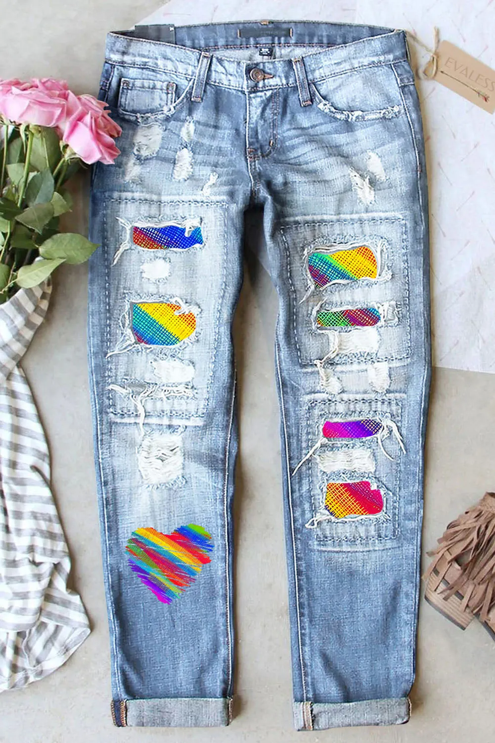Women's Rainbow Patch Jeans Ripped Boyfriend Distressed Denim Pants