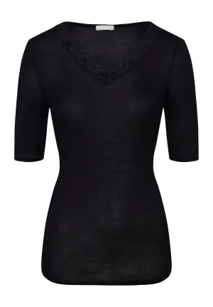 Woolen Lace Lace Trim V-Neck Wool And Silk Top | Black 70972-019