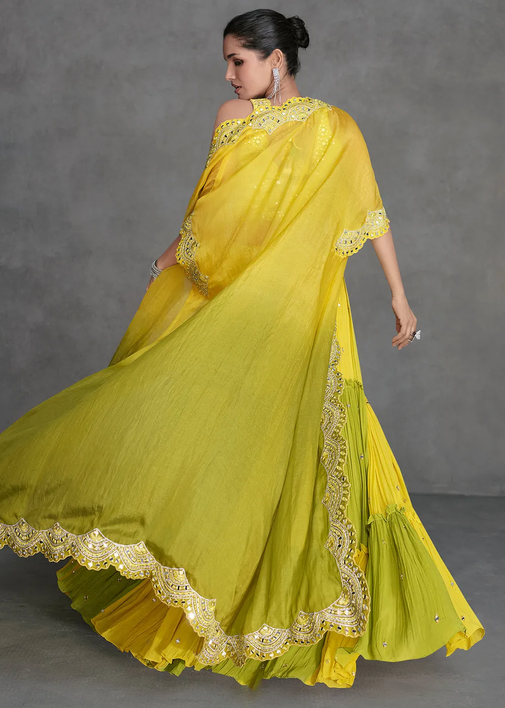 Yellow & Green Crop Style Designer Indo Western Lehenga