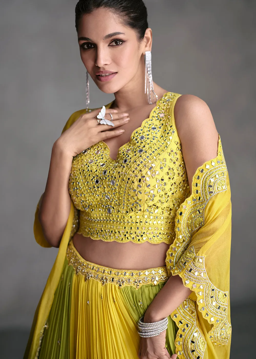 Yellow & Green Crop Style Designer Indo Western Lehenga