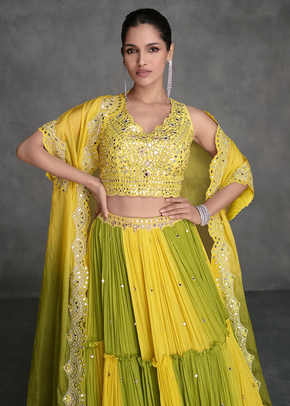 Yellow & Green Crop Style Designer Indo Western Lehenga